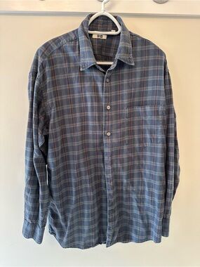 Uniqlo Blue Plaid Button-Down Shirt with Brown Accents